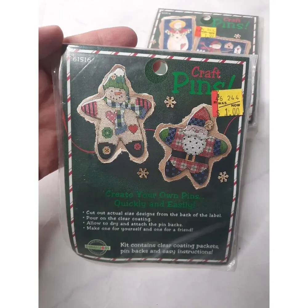 Vintage Dimensions Craft Pins Set of Two Kits Christmas Santa Snowmen